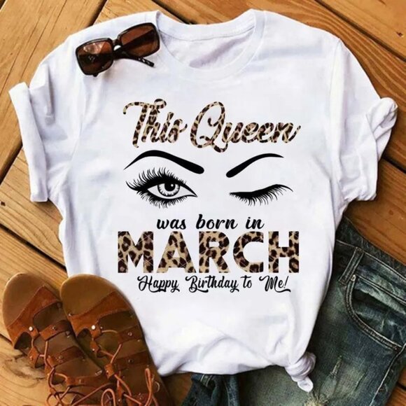 MARCH Birthday Queen Leopard Letter Print Short Sleeve Women's T-Shirt Large - Picture 2 of 2
